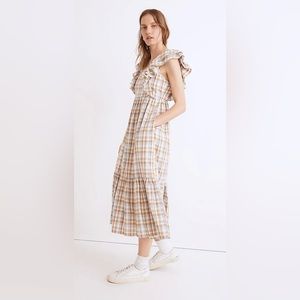 Madewell Ruffle-Sleeve Tiered Midi Dress in Plaid, Size 8